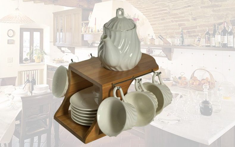 Set teiera con 6 tazze e piattino rigato ceramica bianca e base in bambu