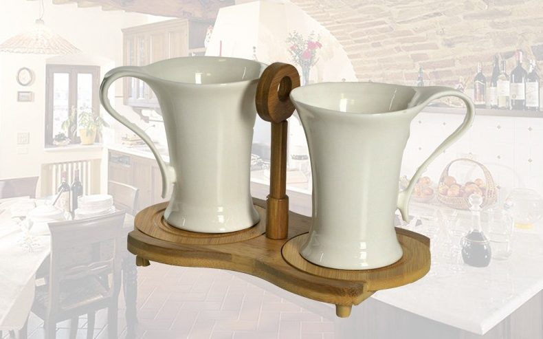 Set 2 tazze maxi porcellana bianca con base bambu
