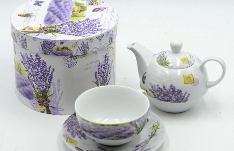 Teiera con tazza thè ceramica decoro lavanda