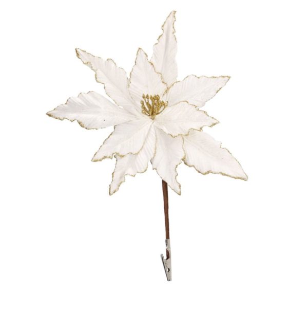 Fiore Stella Natale Bianco Ed Oro Con Clip E Glitter