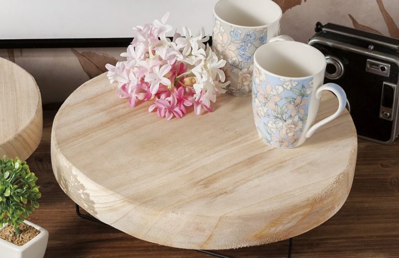 Vassoio Rotondo In Legno Con Gambe In Metallo