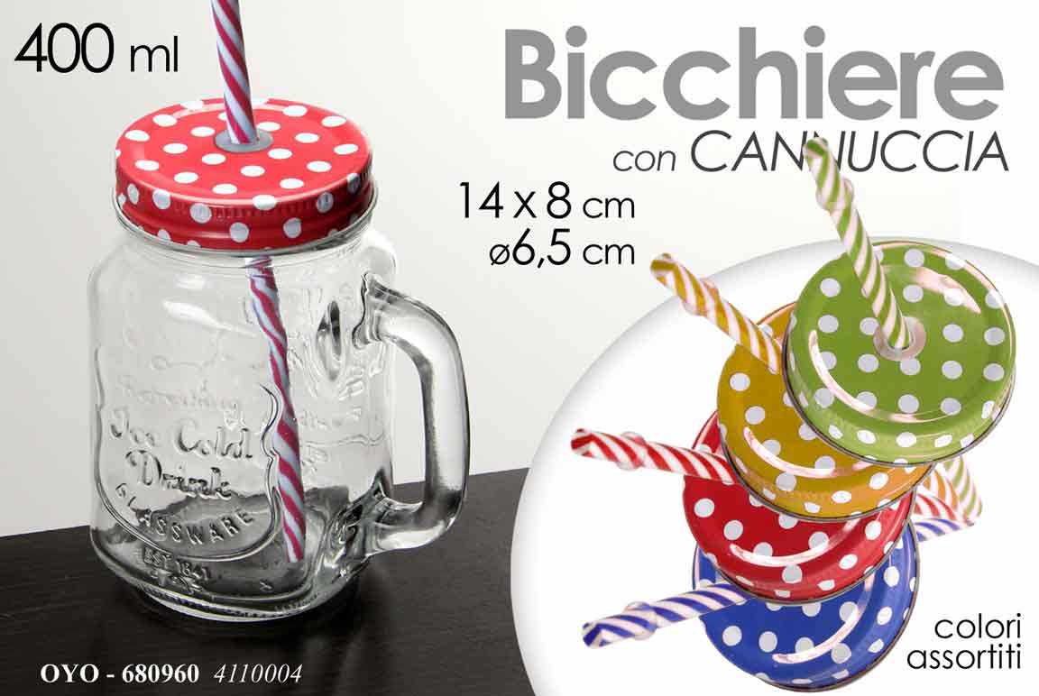 Barattolo Boccale vetro con tappo e cannuccia colore Celeste Compleanno H  13,4 cm art 71829