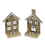 Portacandele t-light legno casa innevata rettangolare 2 pz