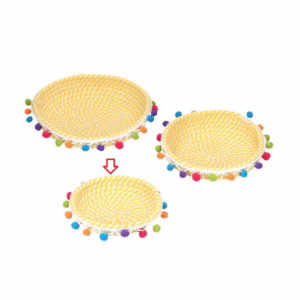 Cestina Multiuso in Tessuto Giallo con Pompon Colorati