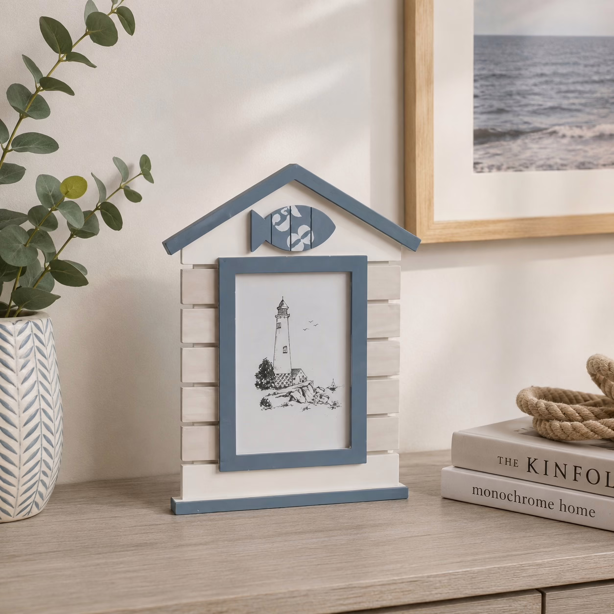 Portafoto mare da tavolo bianco e azzurro