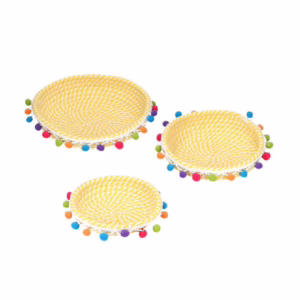 Cestina Multiuso in Tessuto Giallo con Pompon Colorati