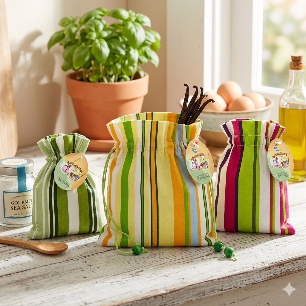 Set 3 Sacchetti in Stoffa a Righe "Primavera" con Coulisse