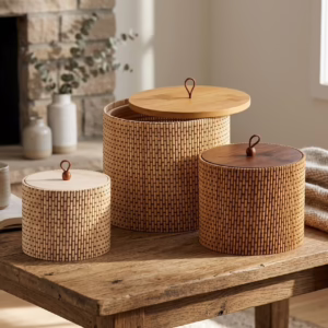 Set Scatole Rotonde in Bamboo con Coperchio