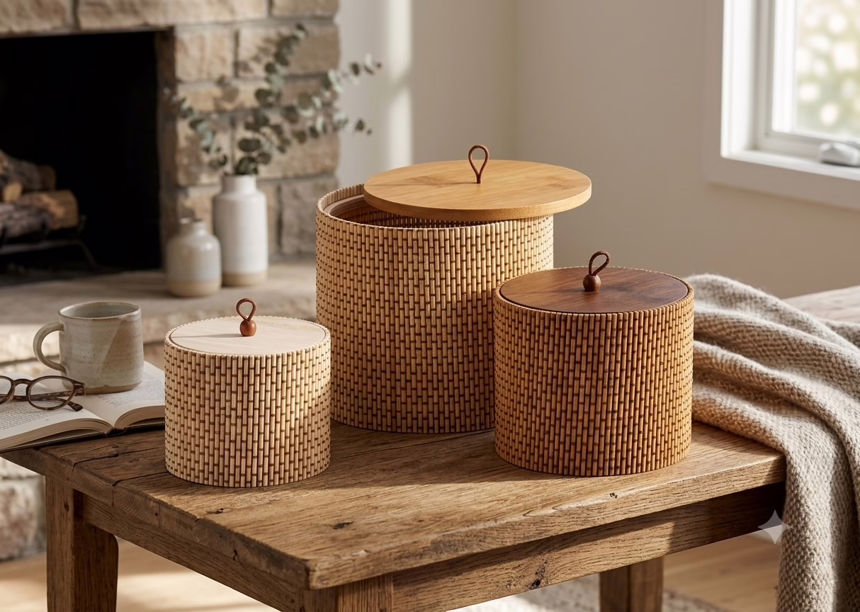 Set Scatole Rotonde in Bamboo con Coperchio